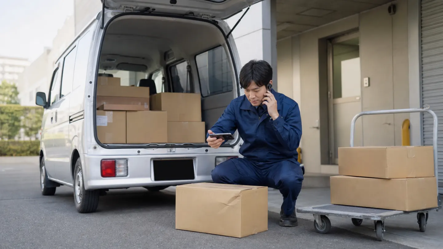 軽貨物ドライバーが荷物の破損を撮影し配車担当へ連絡する事故初動の様子