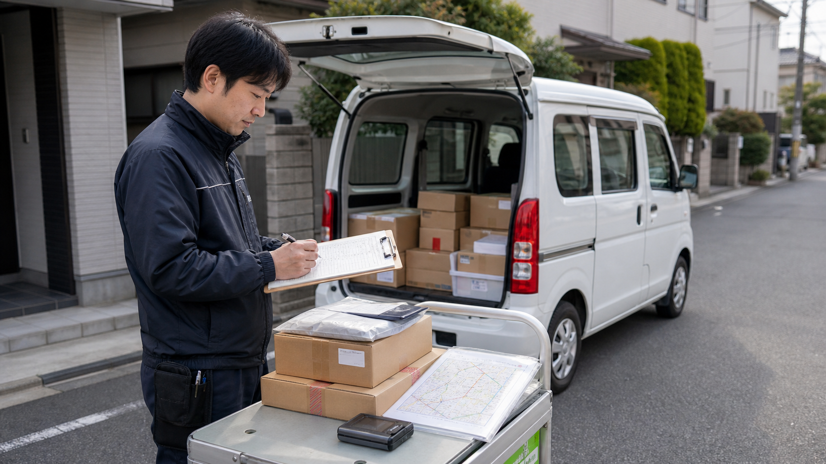 住宅地配送前に再配達と持戻りリストを確認する軽貨物ドライバー