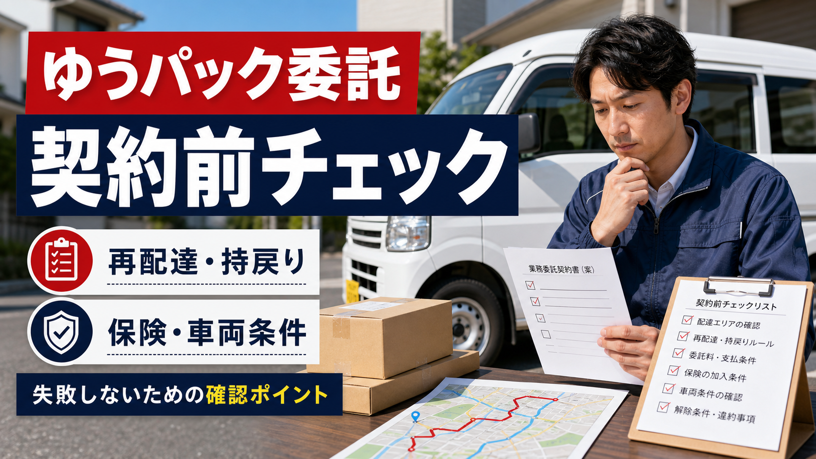 ゆうパック委託の契約前に再配達と持戻りと保険と車両条件を確認する軽貨物ドライバー