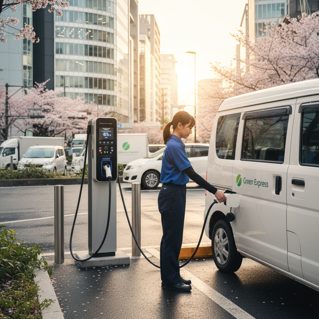 軽貨物ドライバーがEV電気自動車を充電する場面