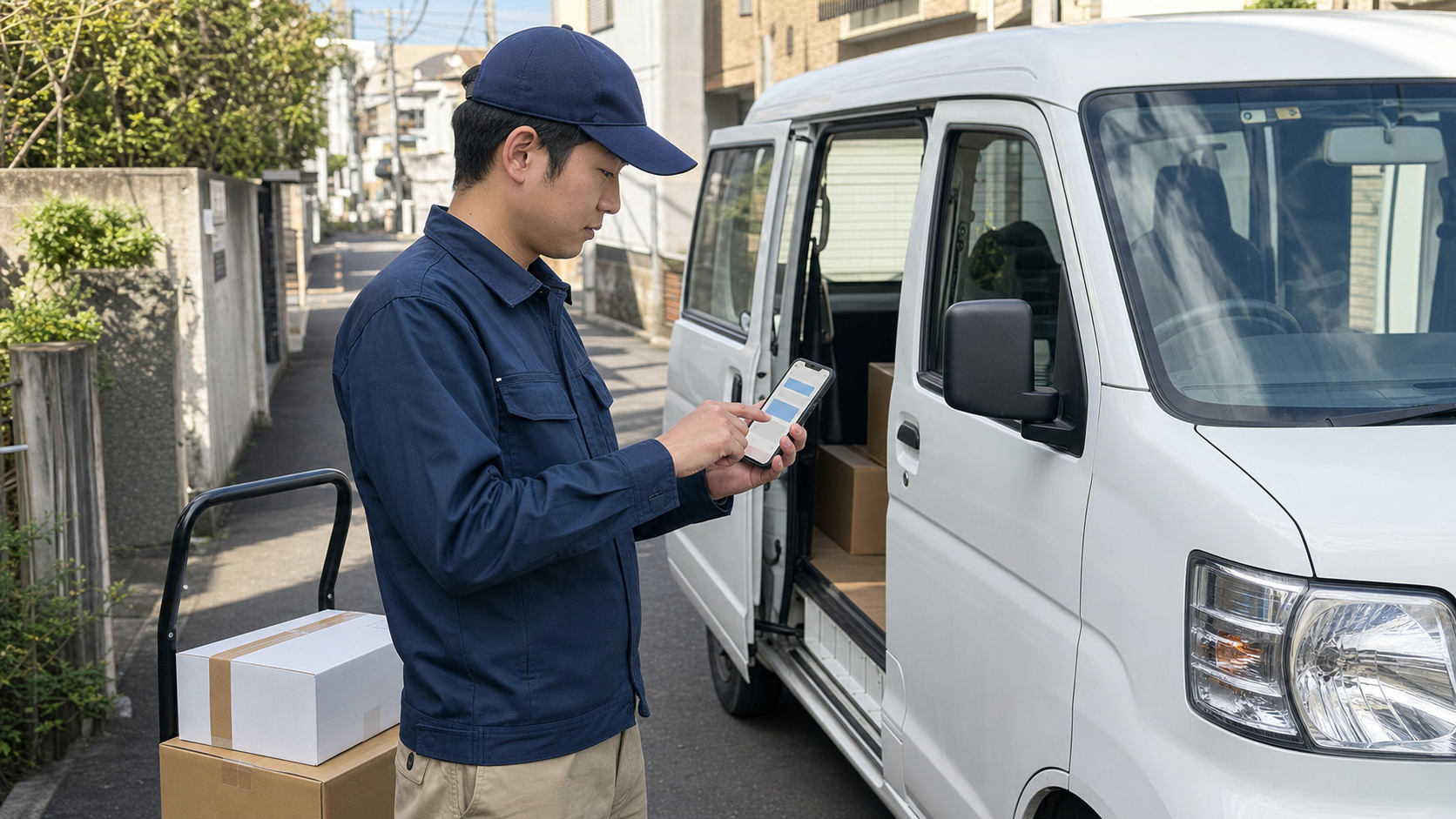 軽貨物車両のそばでスマートフォンから配送完了を記録するドライバー