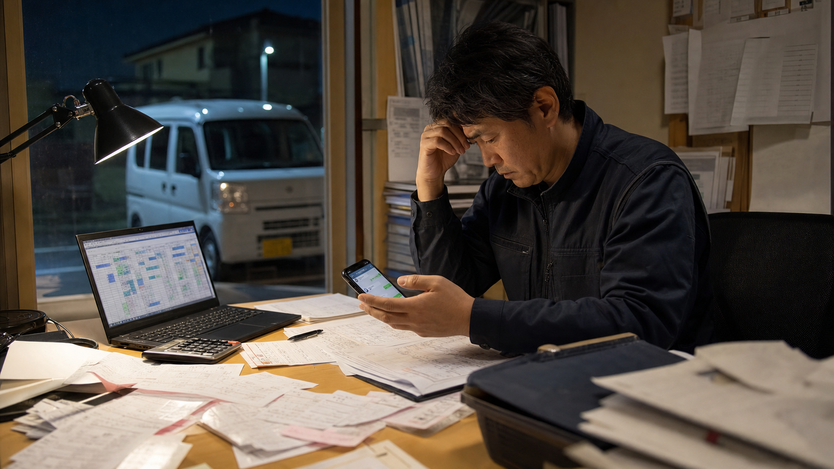 夜の配送会社事務所で紙伝票・Excel・LINEの確認に追われる経営者