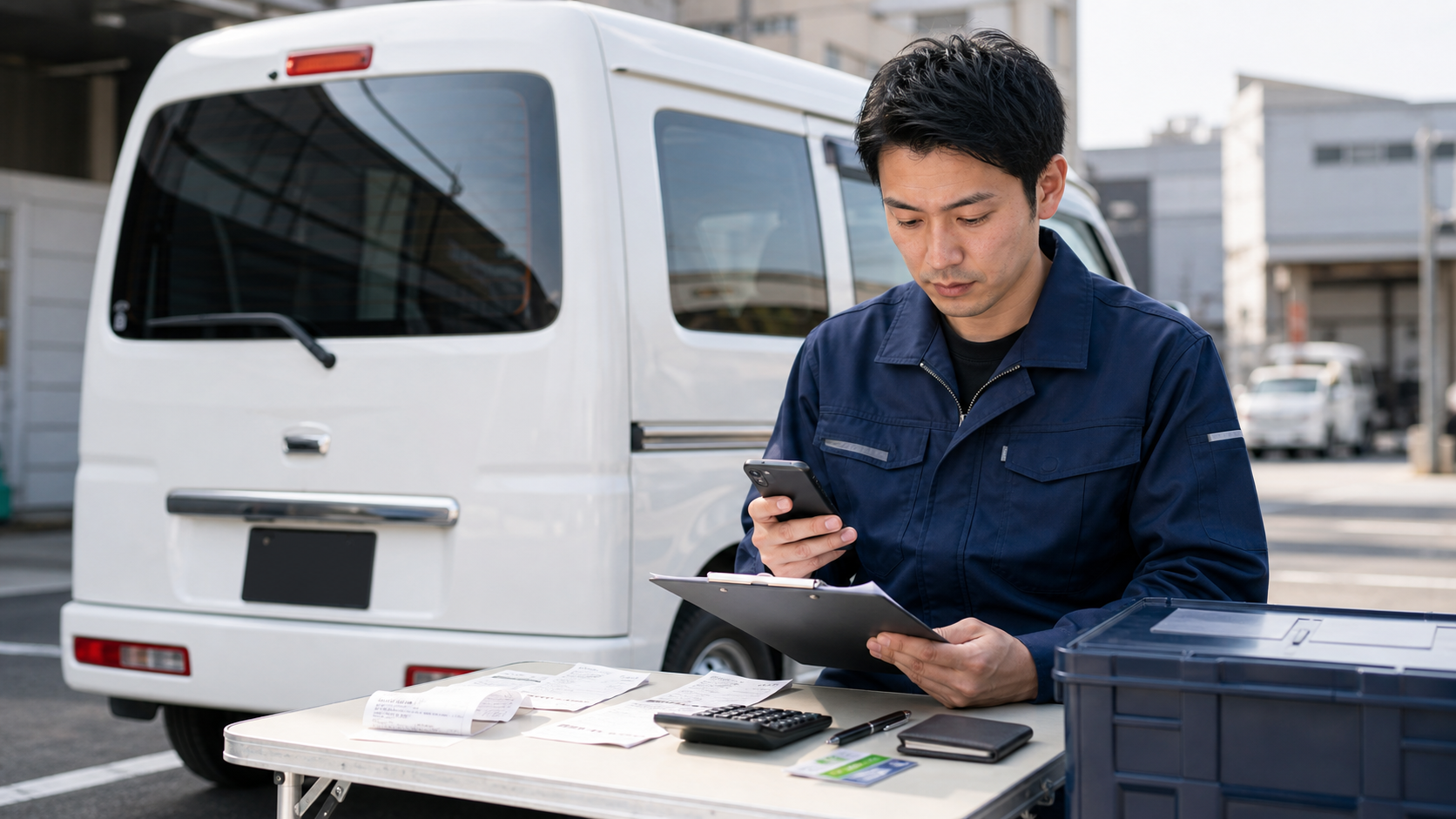 軽貨物ドライバーが軽バンの前で領収書とスマホを確認し固定費を見直している様子