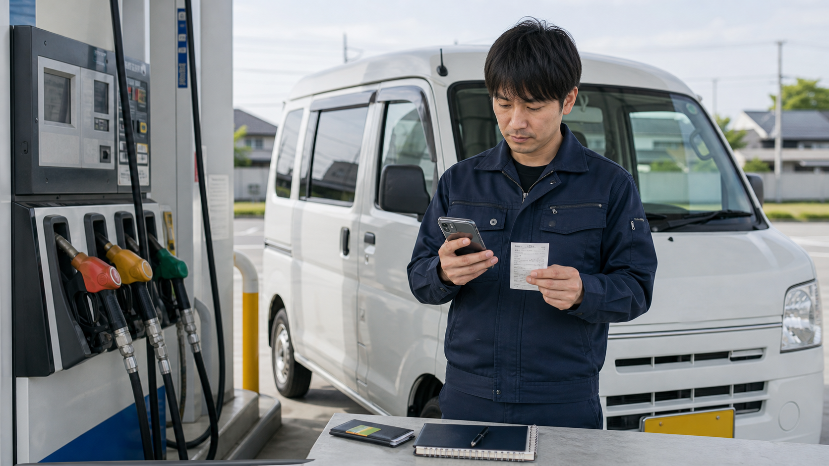 軽貨物ドライバーがガソリンスタンドで給油明細とスマホを確認している様子