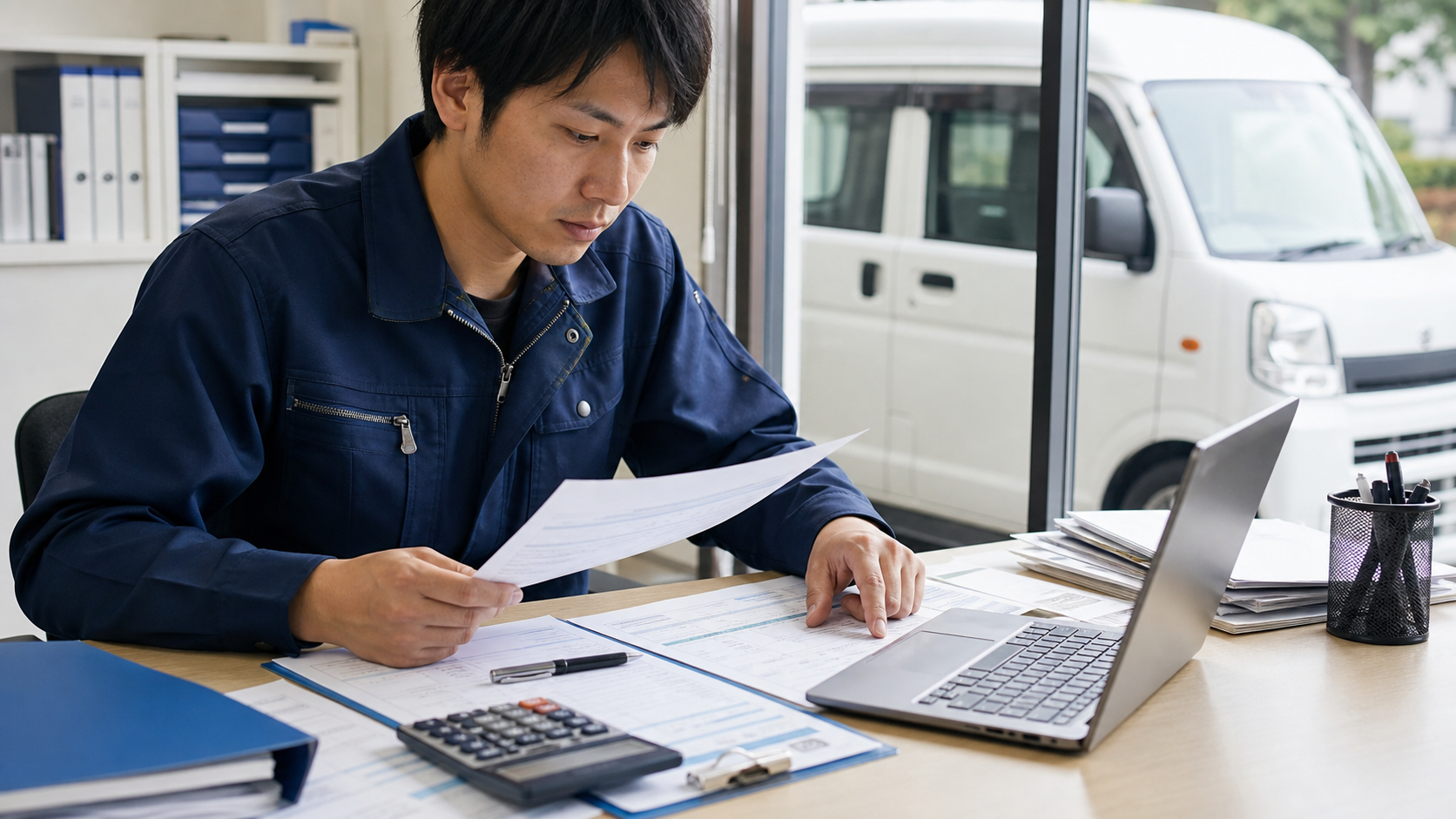 軽貨物ドライバーが保険書類と車両関係書類を確認している様子