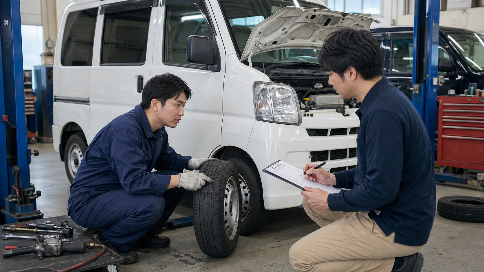 軽貨物車両の整備工場でタイヤと点検項目を確認している様子