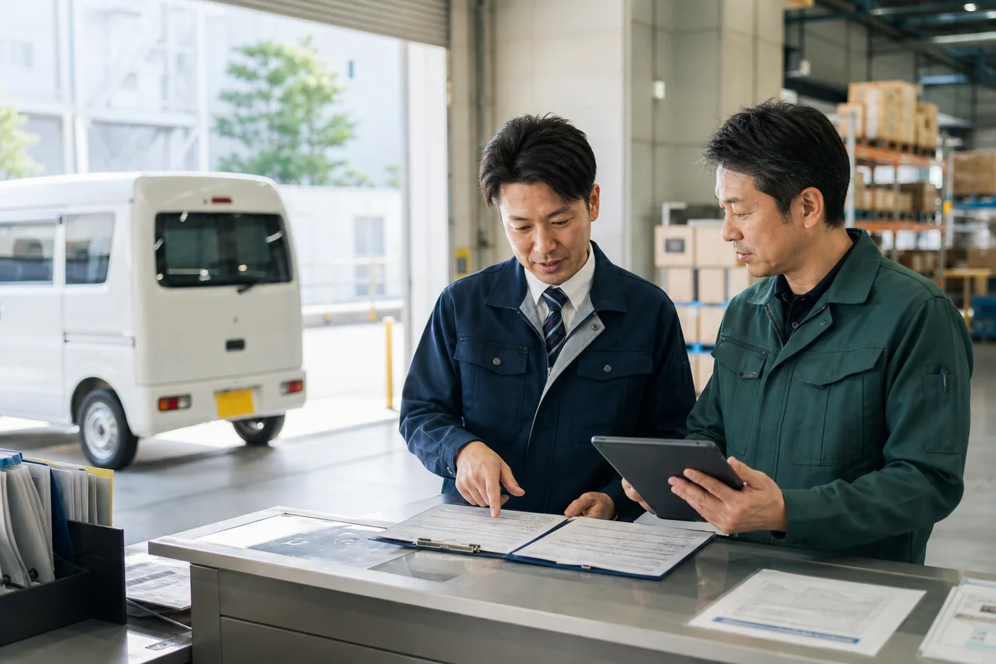 荷主と配送会社が運送事業の届出と契約条件を確認する様子
