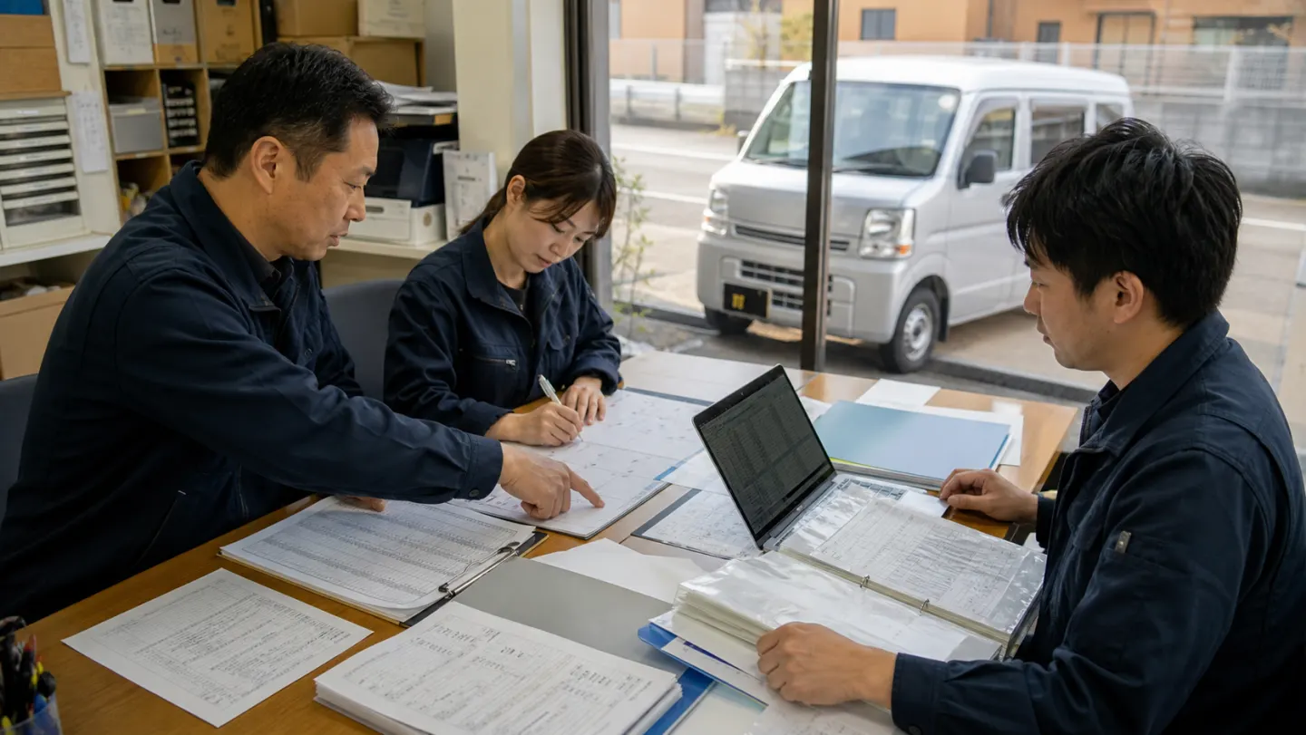 小規模配送会社が車両台帳と保険書類を使って30日間の見直しを進める様子