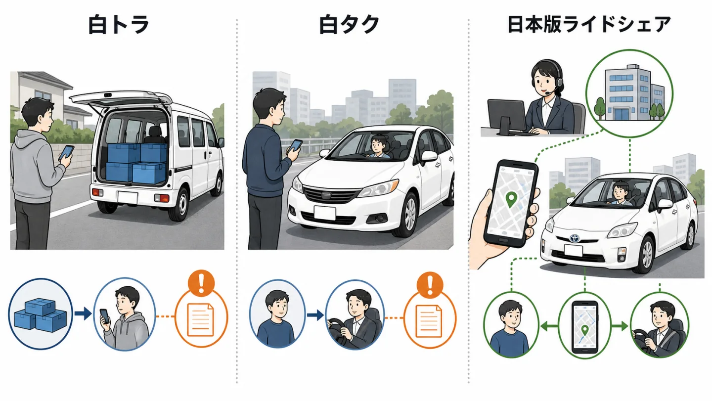 白トラは貨物、白タクは旅客、日本版ライドシェアはタクシー事業者の管理下で運行する違い