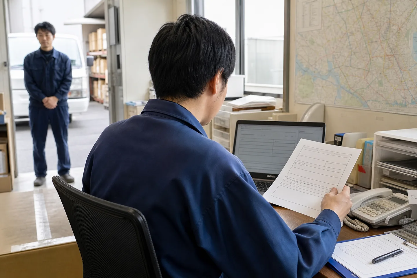 配車前に発注書と運送条件を確認する配送会社の担当者